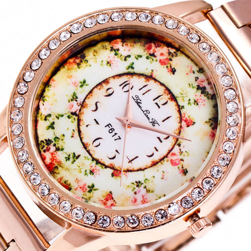 Rose Gold Floral Print Watch w/Metal Band
