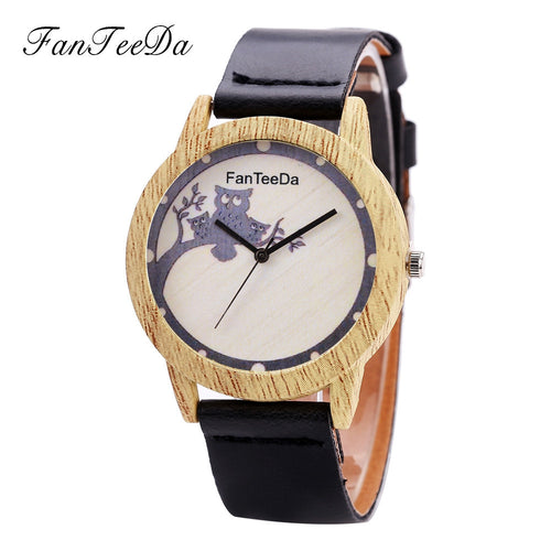 Wooden Owl Leather Watch