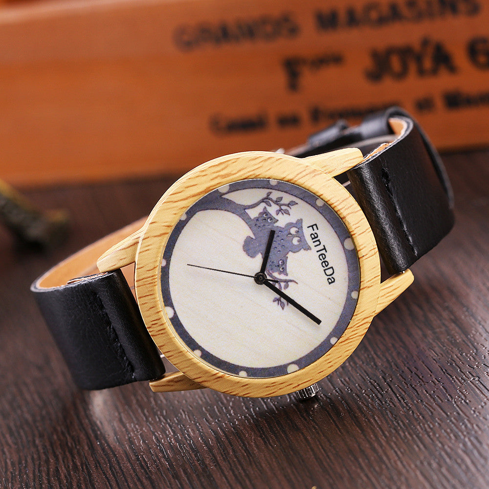 Wooden Owl Leather Watch