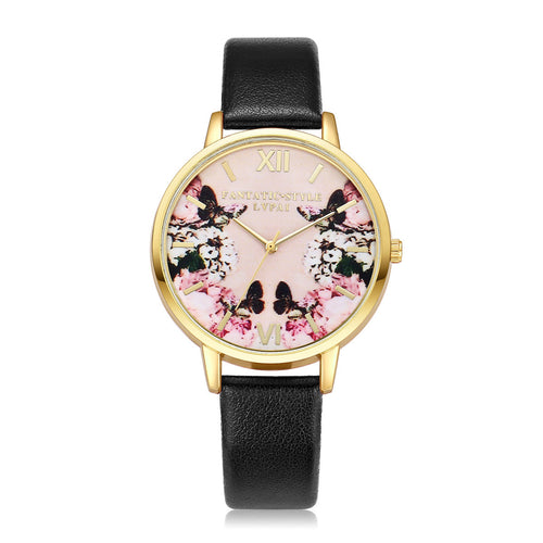 Floral Print Watch Black Leather