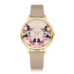 Floral Print Watch Black Leather