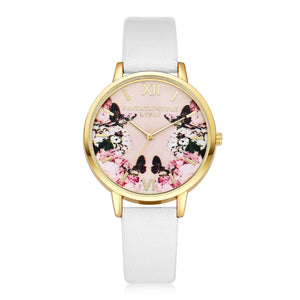 Floral Print Watch Black Leather