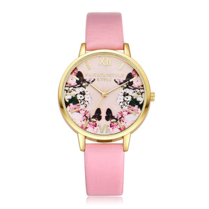Floral Print Watch Black Leather