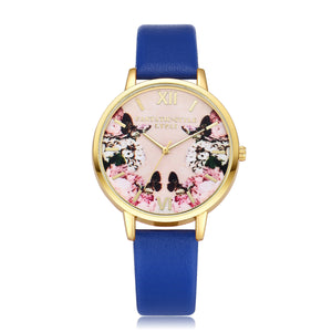 Floral Print Watch Black Leather