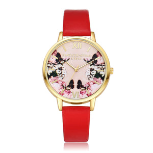 Floral Print Watch Black Leather