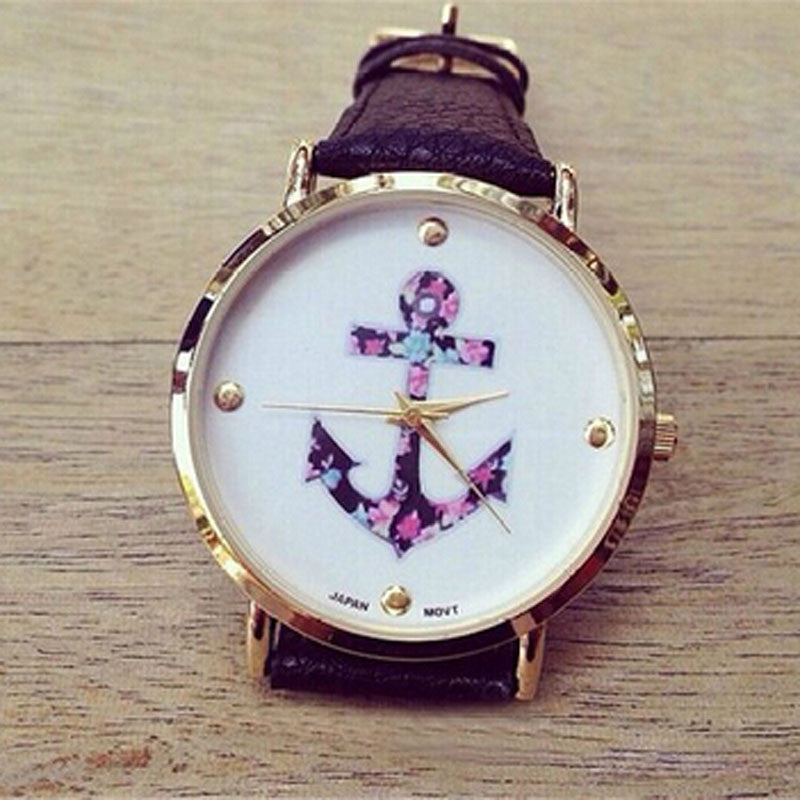 Anchor Print Leather Watch