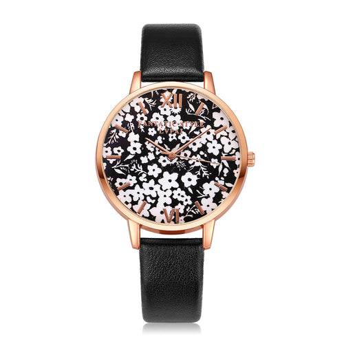 Black & White Gold Rimmed Watch w/Floral Print