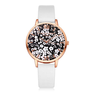 Black & White Gold Rimmed Watch w/Floral Print
