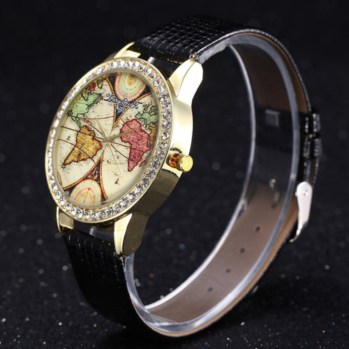 Vintage World Map Watch w/RhineStones