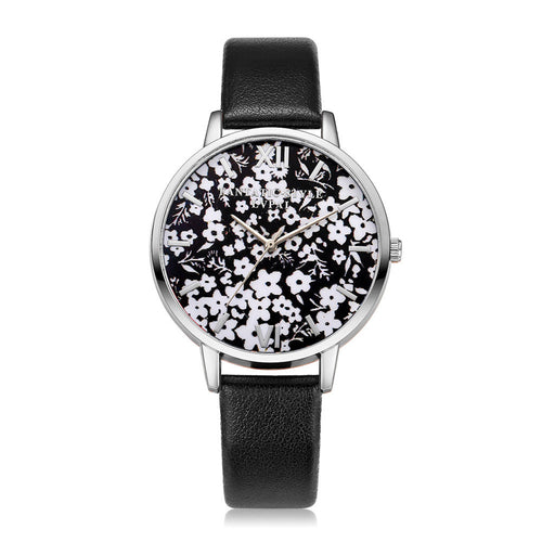 Black & White Slim Watch w/Floral Print